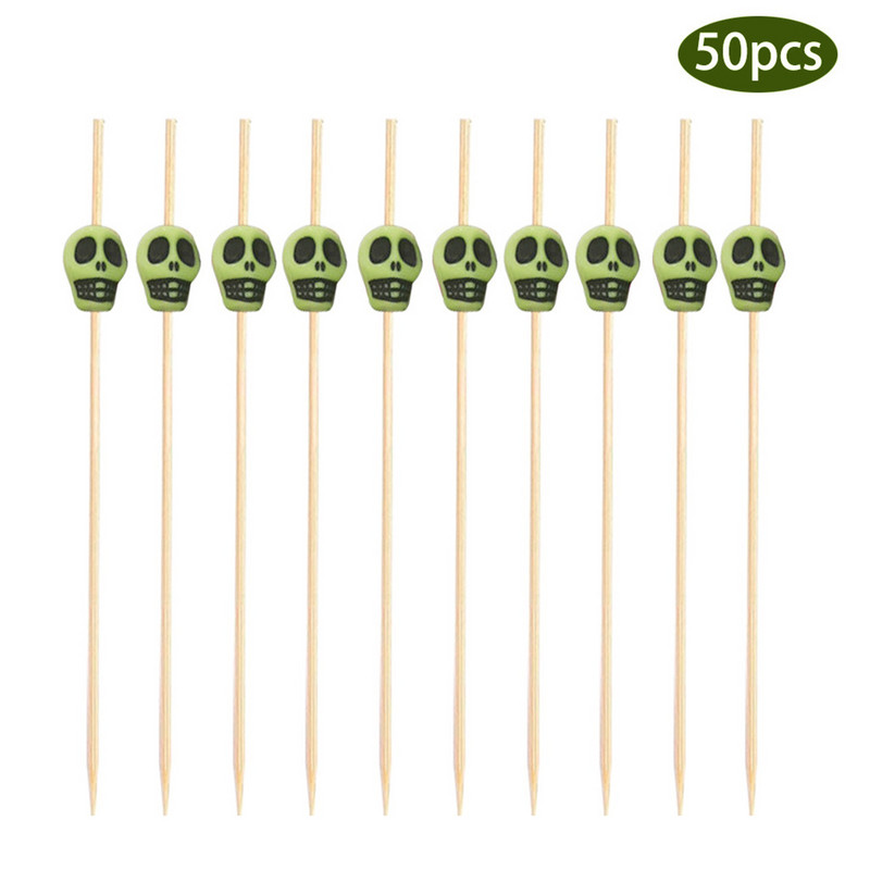 50 ΤΕΜ. Skull Bamboo Pick Buffet Fruit Fork Party Dessert Stick Κοκτέιλ Σουβλάκι μιας χρήσης Χαριτωμένο φρούτο μπαμπού ραβδί Bamboo pick