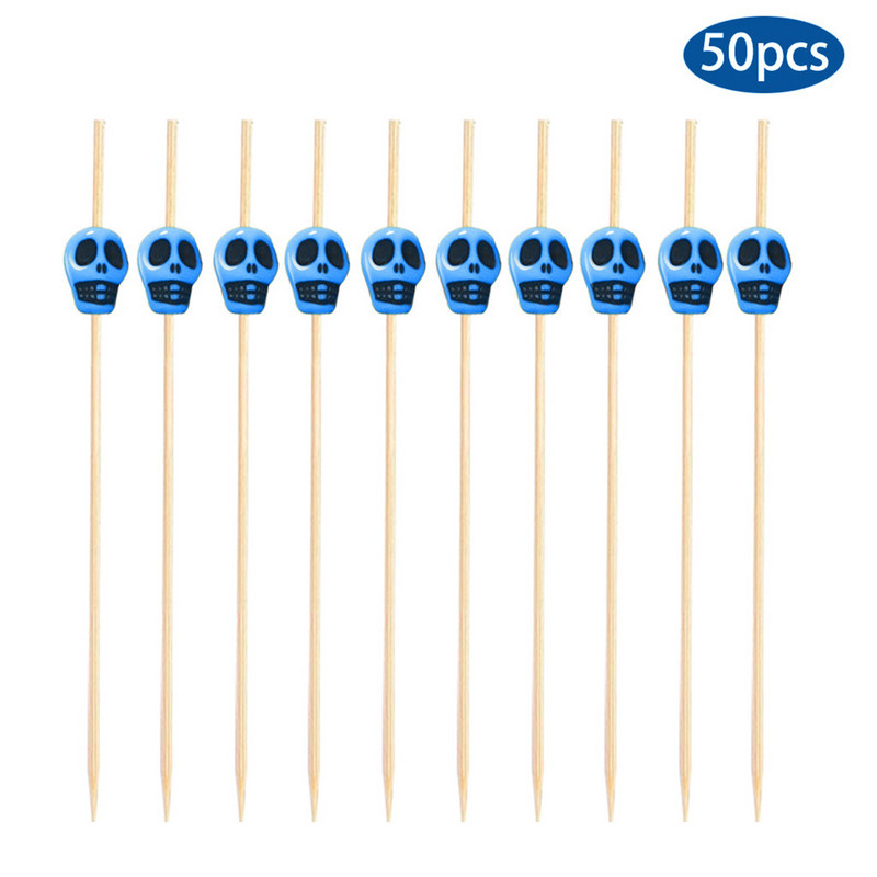 50 ΤΕΜ. Skull Bamboo Pick Buffet Fruit Fork Party Dessert Stick Κοκτέιλ Σουβλάκι μιας χρήσης Χαριτωμένο φρούτο μπαμπού ραβδί Bamboo pick