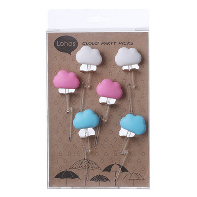 6 ks Roztomilé obláčikové tipy na jedlo pre deti Obed Bento príslušenstvo Opakovane použiteľné plastové koláče Dezert Ovocie Vidlička Sendvič Palica Špáradlo