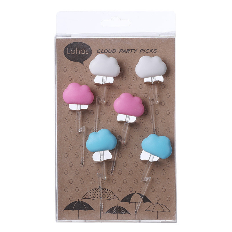 6 ks Roztomilé obláčikové tipy na jedlo pre deti Obed Bento príslušenstvo Opakovane použiteľné plastové koláče Dezert Ovocie Vidlička Sendvič Palica Špáradlo