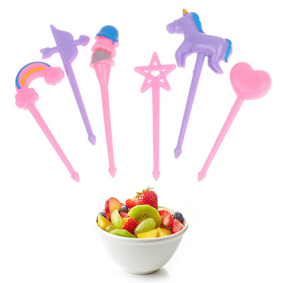 6PCS Creative Cute Augļu dakša Radošs dzīvnieks Jauki Vienradzis Augļu dakšu komplekts Pusdienas zīme Augļu ballīte āra piknika kūkas zīme
