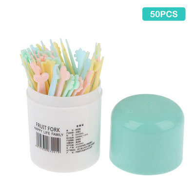 50 tk/komplekt armsad puuviljakahvel, kommid, värvilised, mini-puuviljavarred Laste multifilmid, plastist majapidamises kasutatavad suupisted magustoidukahvlid Bento tarvikud