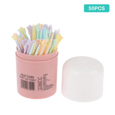 50 tk/komplekt armsad puuviljakahvel, kommid, värvilised, mini-puuviljavarred Laste multifilmid, plastist majapidamises kasutatavad suupisted magustoidukahvlid Bento tarvikud