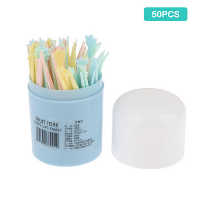 50 tk/komplekt armsad puuviljakahvel, kommid, värvilised, mini-puuviljavarred Laste multifilmid, plastist majapidamises kasutatavad suupisted magustoidukahvlid Bento tarvikud