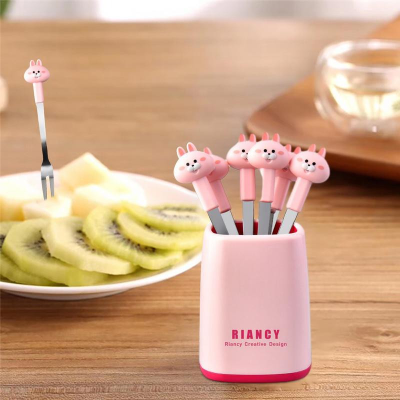 6 tk jänku puuviljakorkid lastele roostevabast terasest lõunakarbi kirkad pehmete käepidemetega magustoidukahvlid hoiupurgi kaunistustarvik