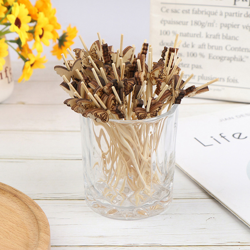 100 vnt Drugelio vaisių rinktukai švediškas stalas pyragas Vaisių šakutės bambuko lazdelės kokteilių dekoravimo vaisių iešmeliai vakarėlis desertinis salotų lazdelės