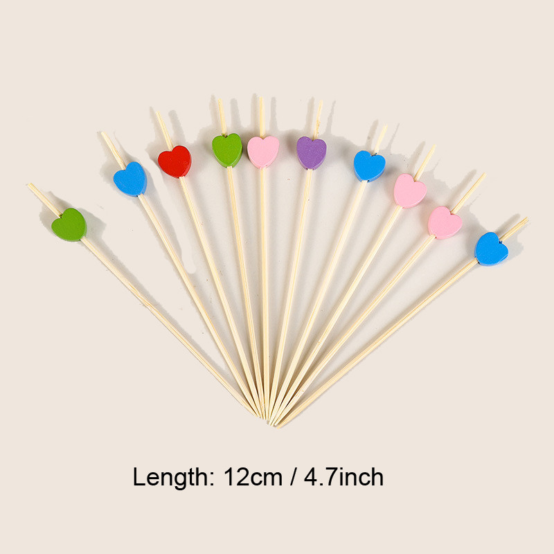 100db Heart Bamboo Picks Svédasztalos Cupcake Gyümölcs Villa Party Desszert Saláta Rúd Koktél Nyárs Esküvői dekorációhoz 12cm