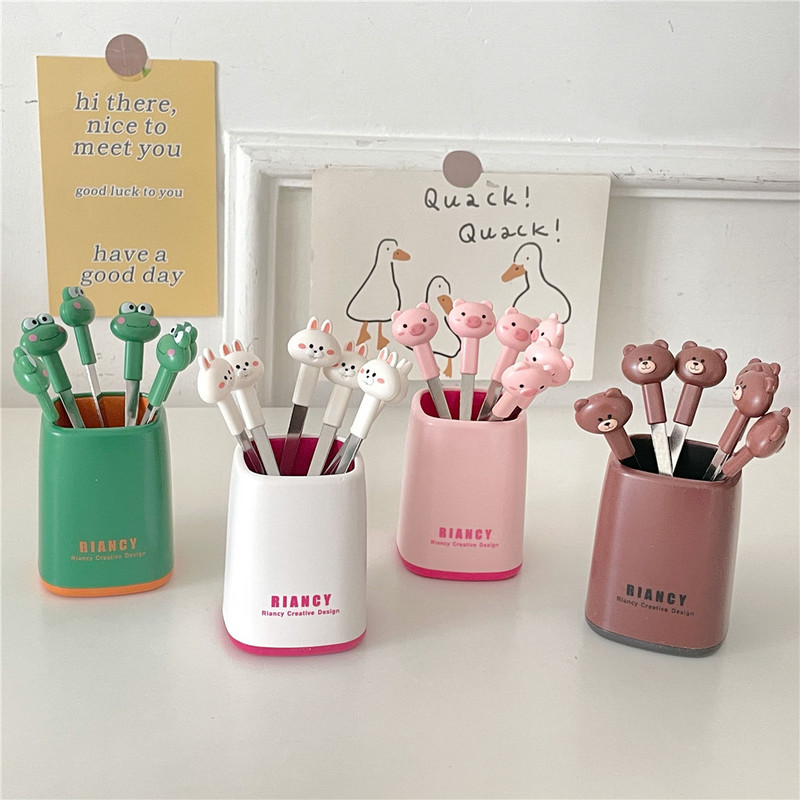 6 vnt „Kawaii“ nerūdijančio plieno vaisių šakučių rinkinys, nešiojamasis pikniko pyrago desertų salotų šakutė su indeliu, mielais vestuvių vakarėlio stalo įrankiais