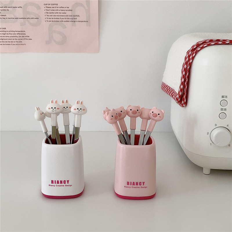 6 vnt „Kawaii“ nerūdijančio plieno vaisių šakučių rinkinys, nešiojamasis pikniko pyrago desertų salotų šakutė su indeliu, mielais vestuvių vakarėlio stalo įrankiais