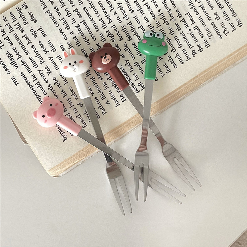 6 vnt „Kawaii“ nerūdijančio plieno vaisių šakučių rinkinys, nešiojamasis pikniko pyrago desertų salotų šakutė su indeliu, mielais vestuvių vakarėlio stalo įrankiais