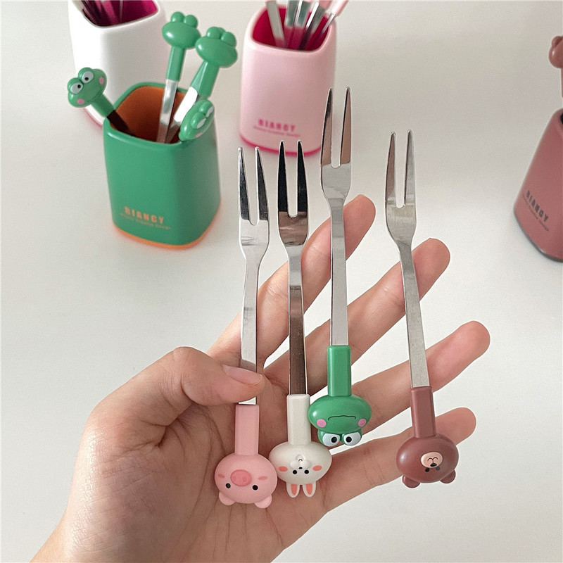 6 vnt „Kawaii“ nerūdijančio plieno vaisių šakučių rinkinys, nešiojamasis pikniko pyrago desertų salotų šakutė su indeliu, mielais vestuvių vakarėlio stalo įrankiais