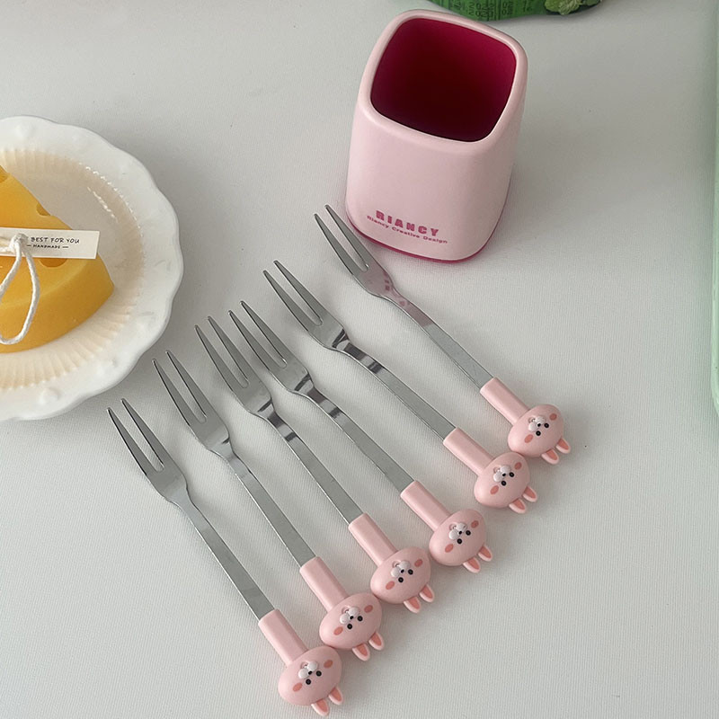 6 vnt „Kawaii“ nerūdijančio plieno vaisių šakučių rinkinys, nešiojamasis pikniko pyrago desertų salotų šakutė su indeliu, mielais vestuvių vakarėlio stalo įrankiais
