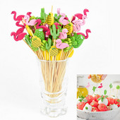 100 vnt. / Maišelis Kaktusas Flamingo formos bambuko skynimo vaisių lazdelės vaikams kokteilių dekoravimui salotos sumuštinis švediškas stalas dantų krapštukai vestuvių dekoras