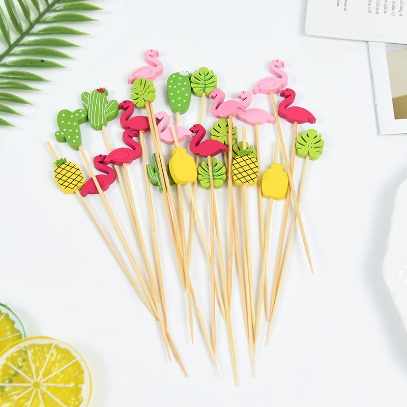 100 vnt. / Maišelis Kaktusas Flamingo formos bambuko skynimo vaisių lazdelės vaikams kokteilių dekoravimui salotos sumuštinis švediškas stalas dantų krapštukai vestuvių dekoras