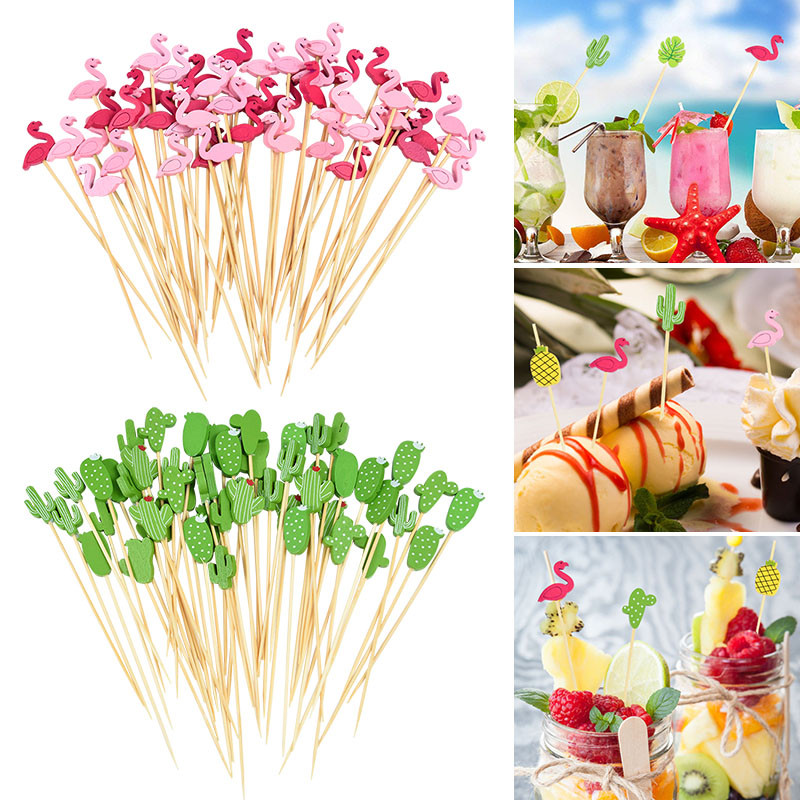 100 vnt. / Maišelis Kaktusas Flamingo formos bambuko skynimo vaisių lazdelės vaikams kokteilių dekoravimui salotos sumuštinis švediškas stalas dantų krapštukai vestuvių dekoras