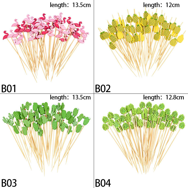 100 vnt. / Maišelis Kaktusas Flamingo formos bambuko skynimo vaisių lazdelės vaikams kokteilių dekoravimui salotos sumuštinis švediškas stalas dantų krapštukai vestuvių dekoras