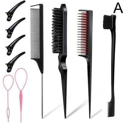 10 tk Juuste kujundamise kammikomplekt Teasing Juuksehari Kolmekordne õrritav kamm Roti sabakammid Äärehari Juuksesaba Tööriistad Punu tööriistaaas
