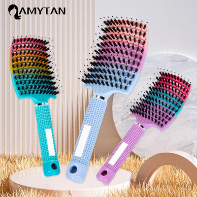 Perie de descurcare curbată, ventilată, cu peri de mistreț, pieptene pentru masaj pentru scalp, perie de păr, umed, ondulat, unelte de coafură