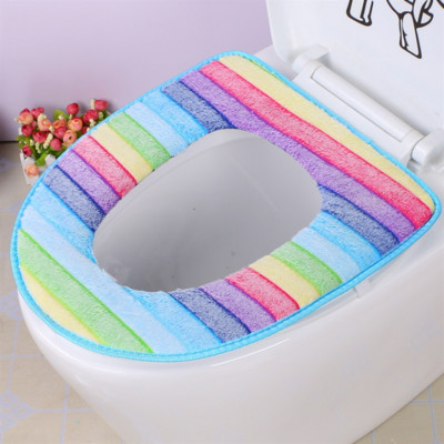 Huse pentru scaune de toaletă pentru baie cu dungi curcubeu Huse de toaletă cu pastă Pernă caldă de iarnă Dimensiune universală Covoraș pentru toaletă confortabilă
