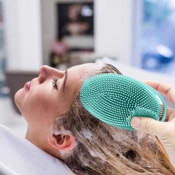 Силиконова четка за масаж на кожата от луфа за дълбоко почистване Двустранен аксесоар за баня с кука за съхранение За гърба на тялото Къс косъм Крака