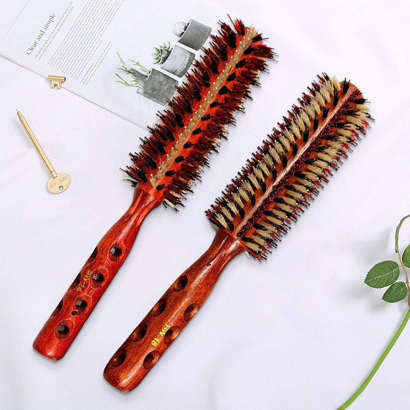 Τρίχες ίσια χτένα μαλλιών Ξύλινη λαβή κύλινδρος τρίχα λεία χτένα κυλίνδρου κυματιστή σγουρή βούρτσα μαλλιών Χτένισμα κομμωτηρίου για μπούκλες