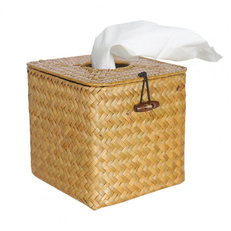 Mugav paberkarp õlgedest kootud paberikonteiner Erksate värvidega, ruudukujuline, ümmargune avatav salvrätikukarp, lihtne uuesti täita