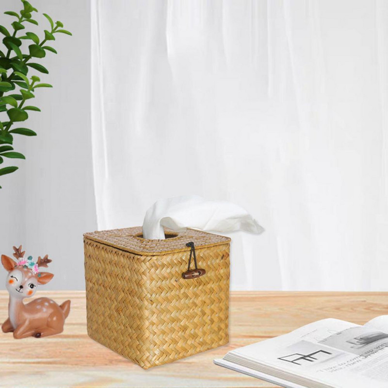 Mugav paberkarp õlgedest kootud paberikonteiner Erksate värvidega, ruudukujuline, ümmargune avatav salvrätikukarp, lihtne uuesti täita