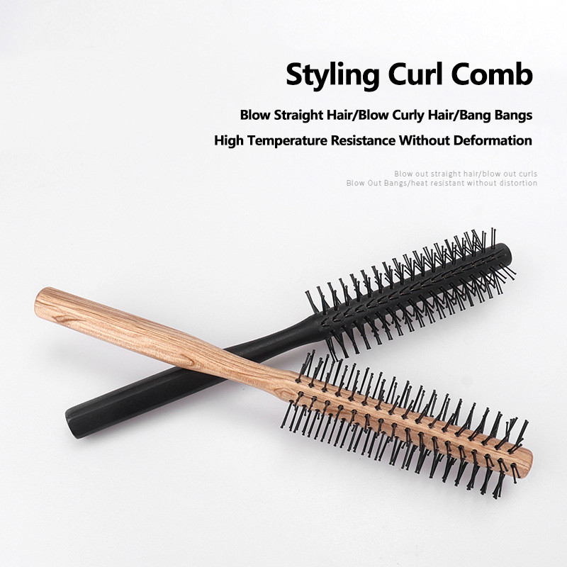 Hot Sale Egyenes göndör hajformázó kerek fésű, antisztatikus mini görgős hajkefe fa nyéllel