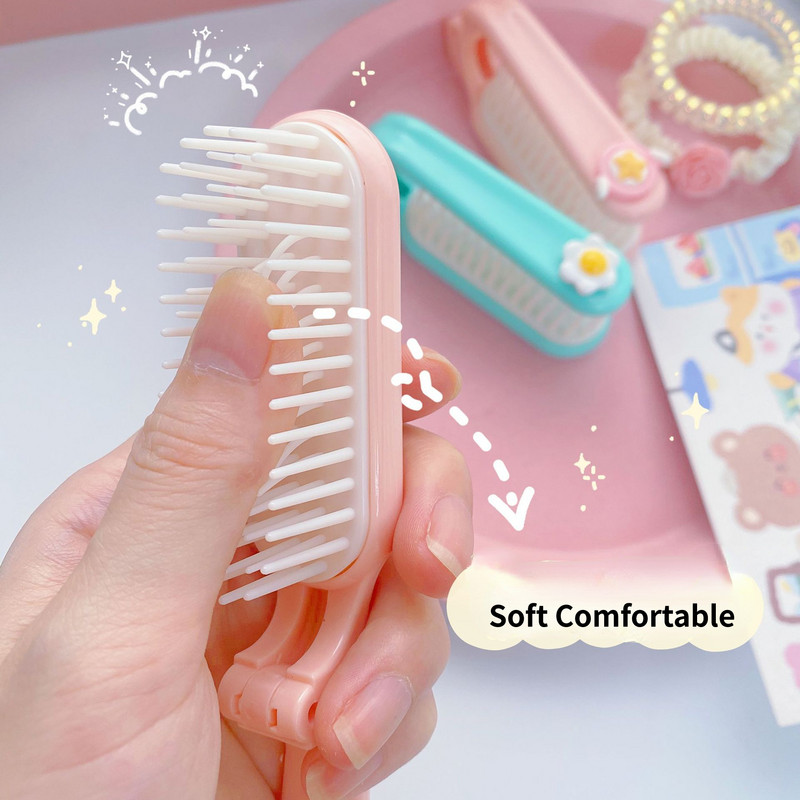 Pieptene de păr pliabil cu desene animate portabil Perie de păr de buzunar de dimensiuni mici Pieptene pliabil pentru masaj pentru cap pentru femei Perie de păr Instrumente de coafat