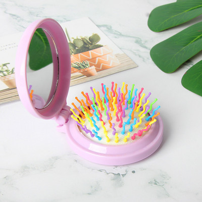 Macaroon Pieptene mic portabil, pliabil, pernă de aer cu oglindă de machiaj, masaj pentru scalp, pieptene pliabil, perie de păr pentru femei, instrumente de styling