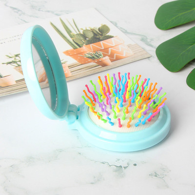 Macaroon Pieptene mic portabil, pliabil, pernă de aer cu oglindă de machiaj, masaj pentru scalp, pieptene pliabil, perie de păr pentru femei, instrumente de styling