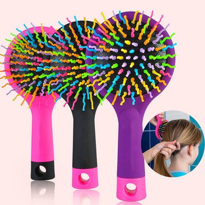 Rainbow Air Volume Paddle Hair Comb Brush with Makeup Mirror Detangler Hair Curl Straight Massage Comb Brush Hair Styling Tool