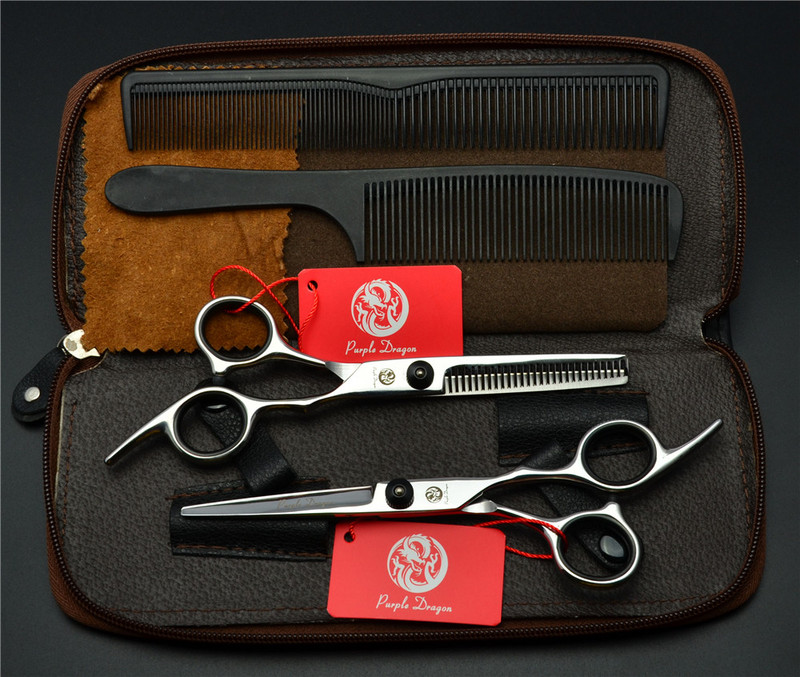 4Gb uzvalks 6`` Black Purple Dragon Profesionālās cilvēka matu šķēres Frizieris Sears ķemmes + griešanas šķēres + retināšana