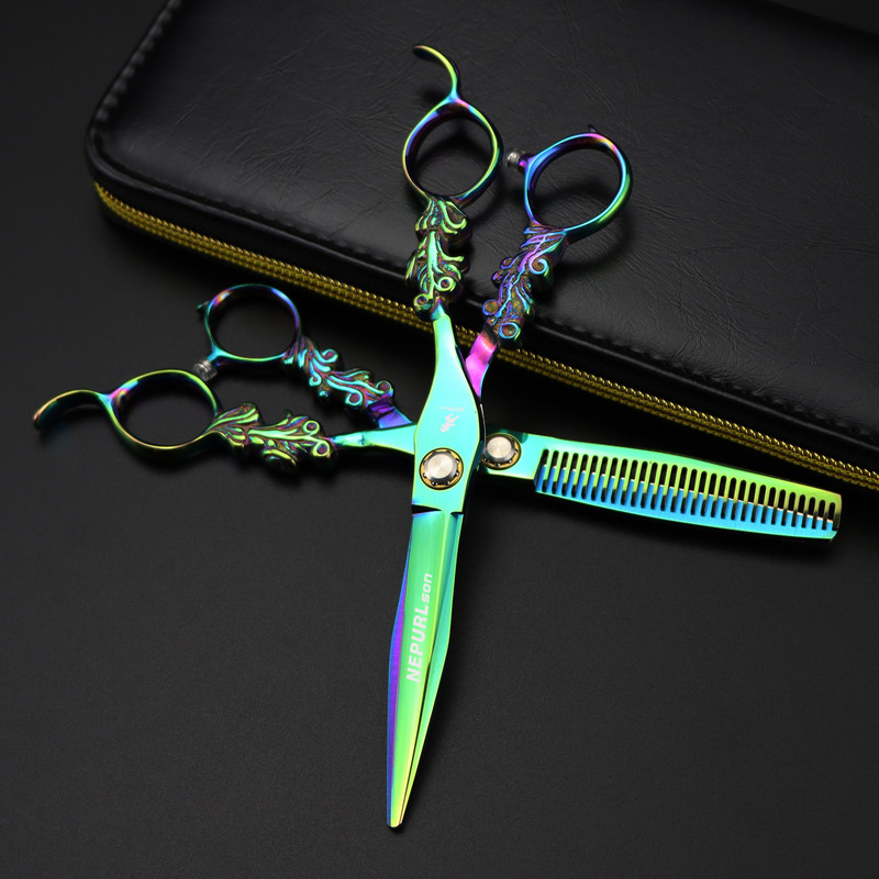 6,0" Jaapan 440c Professionaalsed juuksuri käärid Lõika Juuksur Roheline Lill Juukselõikus Harvendav Juuksuri Tööriist Käärid