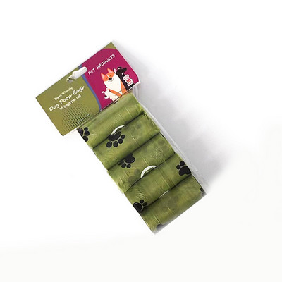 5 role/75 buc saci de caca pentru câini cu amprente de labe Saci de unică folosință pentru deșeuri de câini, în aer liber, consumabile pentru animale de companie, distribuitor de pungi de caca pentru câini