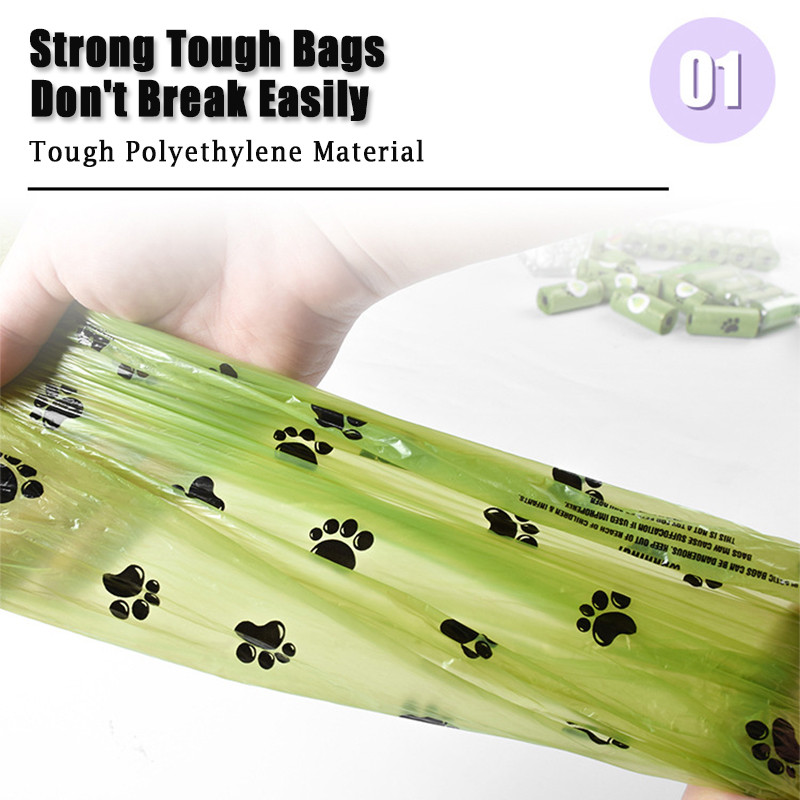 5 role/75 buc saci de caca pentru câini cu amprente de labe Saci de unică folosință pentru deșeuri de câini, în aer liber, consumabile pentru animale de companie, distribuitor de pungi de caca pentru câini