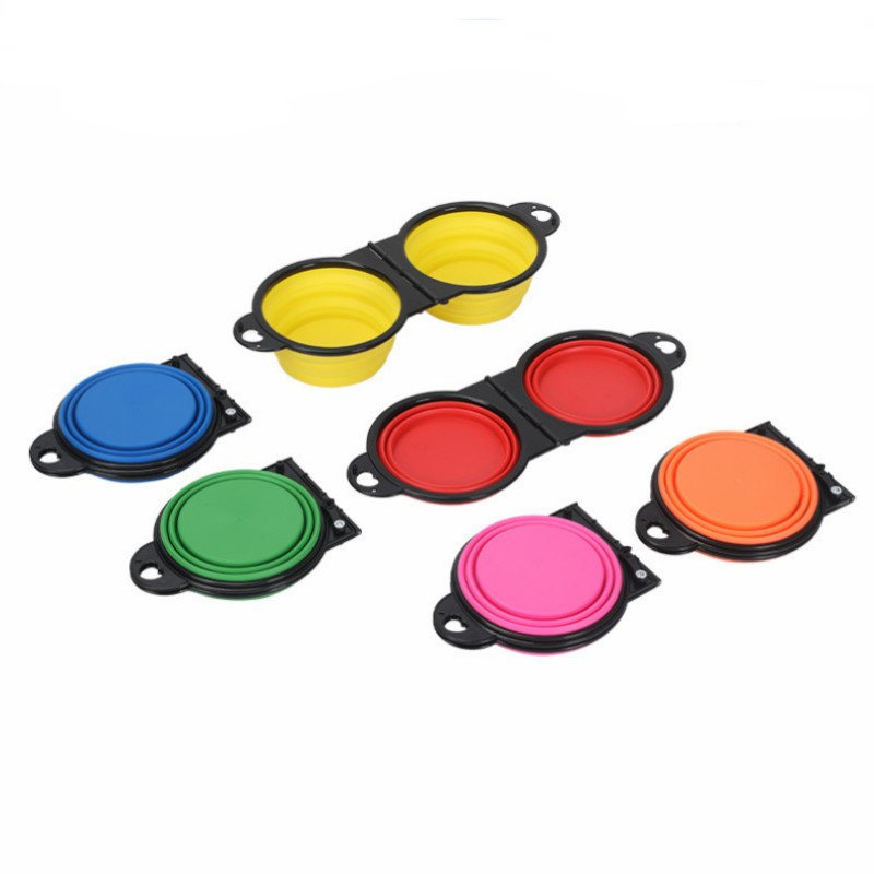 Lauko naminių gyvūnėlių dubuo, silikoninis, sulankstomas, nešiojamas dvigubas maisto puodas, juodas rėmas, integruotas vandens šėrimas, integruotas dubenėlio šunų priedai