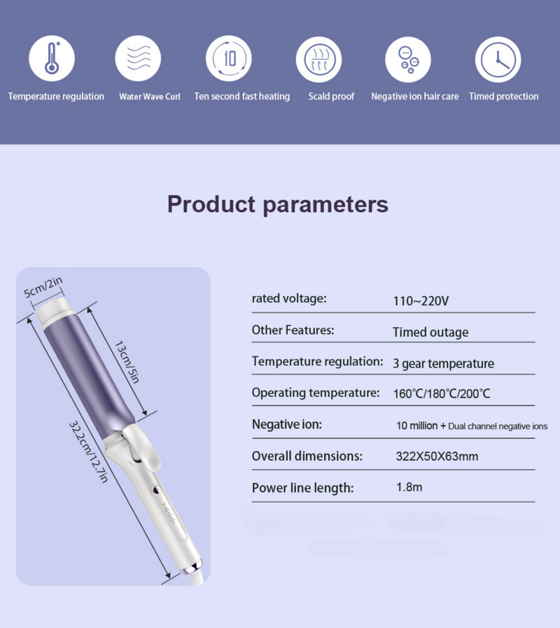 Bigudiuri de păr de 40 mm Îngrijire ceramică cu ioni negativi Big Wand Wave Hair Styler Fier de calcat ondulat 3 Temperaturi Incalzire rapida Instrumente de coafat