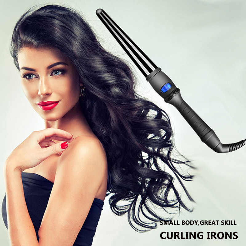 LCD suktukai kūginiai garbanojimo geležies vieno vamzdelio keramikos glazūra kriaušės gėlės kūgio elektriniai plaukų garbanoti lazdelės voleliu formavimo įrankiai