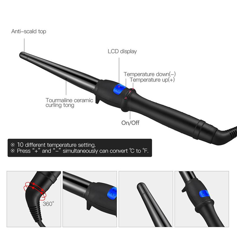 Pöörlev lokirull, kiire soojenemine 360 kraadi, pöörlev traat keraamiline iooniline LCD lokirulliga lokirull Hair Waver juuste kujundamise tööriistade komplekt
