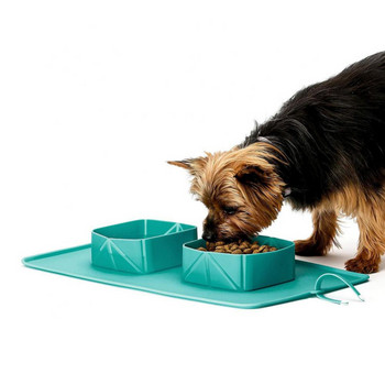 Купа за домашни любимци Силиконова сгъваема купа за кучета Неплъзгаща се двойна купа с фланелена чанта Пътуване на открито Преносим контейнер за храна за кученца Хранилка