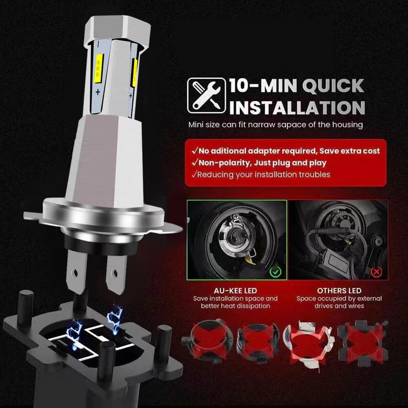 50000LM H4 H7 H11 LED automobilių priekiniai žibintai Canbus be klaidų 120W 6000K automobilių priekinių žibintų lemputės 1: 1 mini diodų automatiniai žibintai 12V 24V sunkvežimis