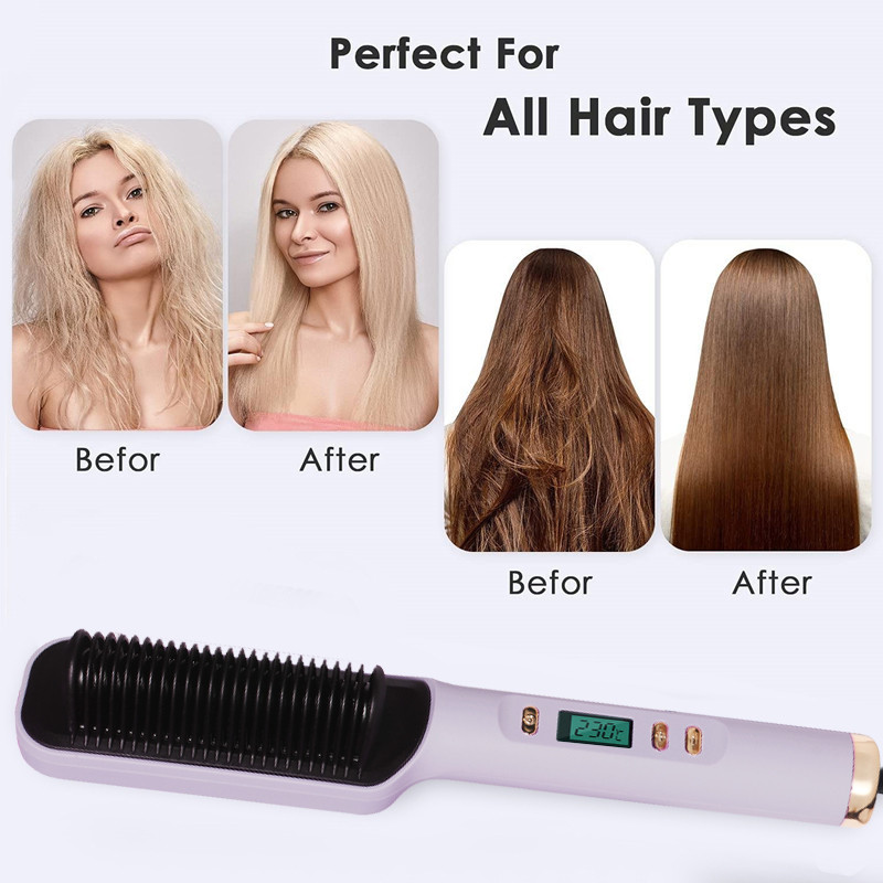 Hajvasaló kefe fűtőfésű Elektromos fésűs kiegyenesítő Forrázásgátló simítókefe LCD többfunkciós fésű