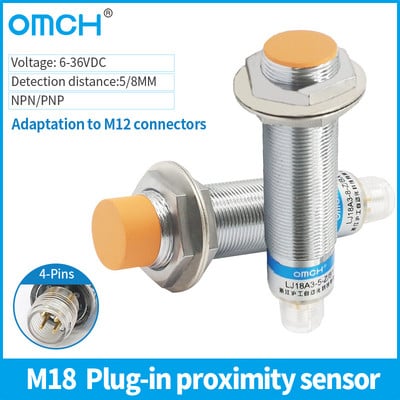 OMCH Plug-in M18 Индуктивен сензор за близост 5-8 mm Разстояние за откриване, подходящ за M12 конектори NPN PNP