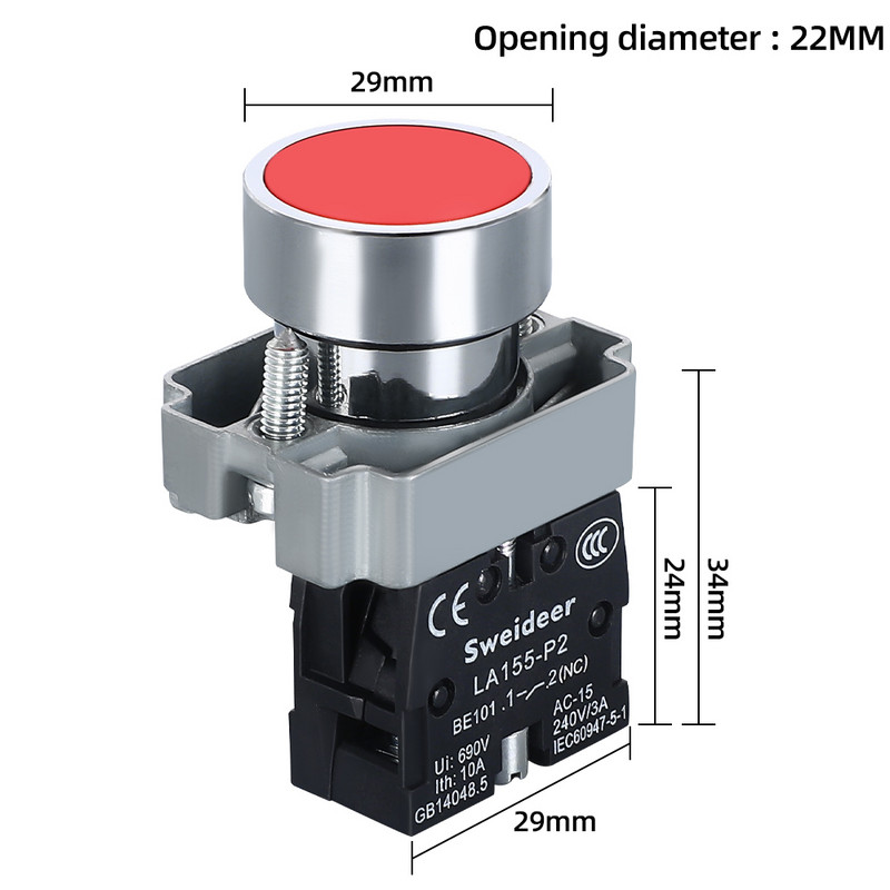 Lüliti nupp hetkeline isetähtestamine XB2 väike lame, ümmargune pea, 22 mm toitenupplüliti XB2-BA42 XB2-BA31 XB2-BA51 10A NC/NO