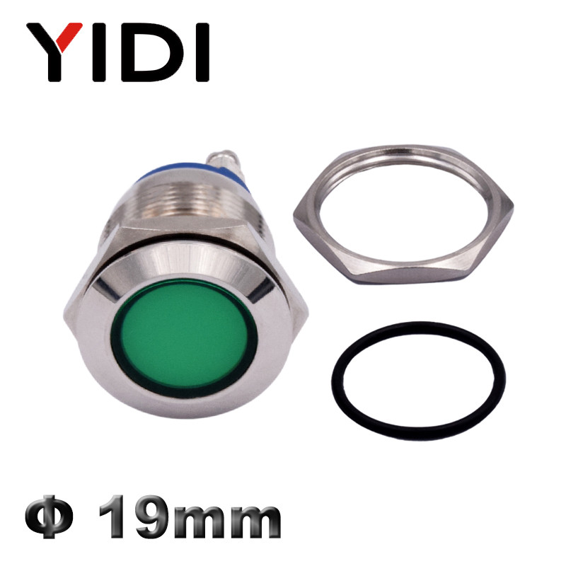 19mm metallist LED-indikaatortuli, punane roheline sinine kollane valge LED 12V 24V 220V veekindel kroomitud pilootvalgusti signaallamp