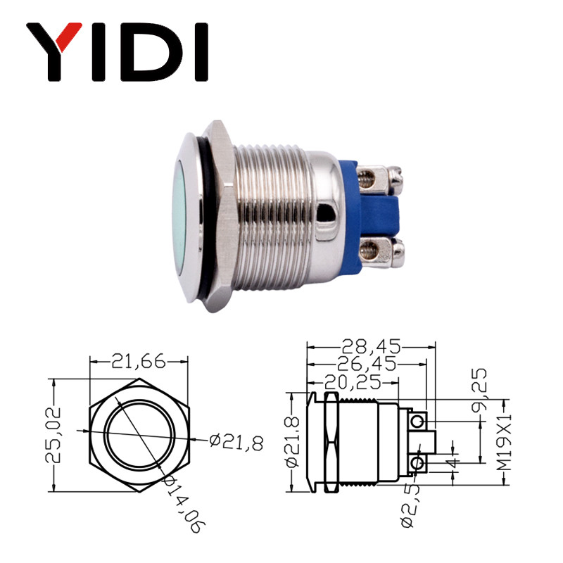19mm metallist LED-indikaatortuli, punane roheline sinine kollane valge LED 12V 24V 220V veekindel kroomitud pilootvalgusti signaallamp