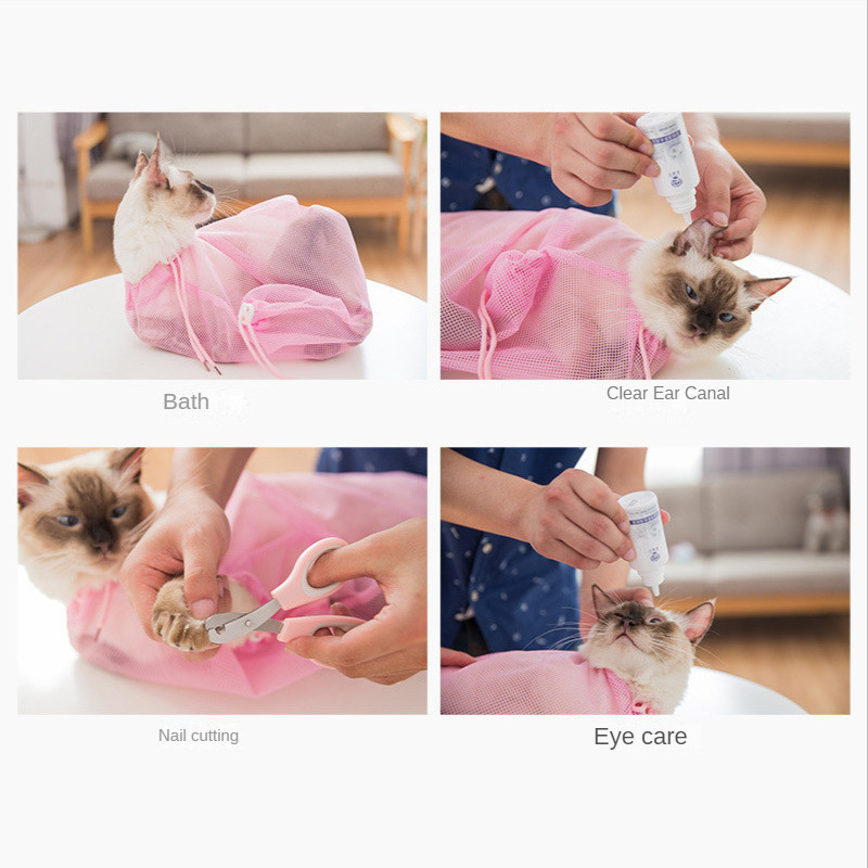 Kačių įbrėžimų prevencija, vonia, nagų kirpimas, ausų traukimas, fiksuotas krepšys, katės kasdieniai reikmenys, kačių plovimo krepšys