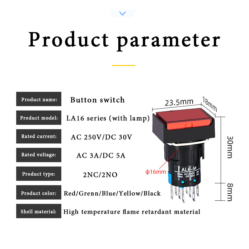 1 KOM Četvrtasti LA16-22D prekidač s gumbom koji se sam poništava/samo zaključava sa lampom 16 mm napajanje 8-pinski dvostruki kontakt 2NC/2NO 220V 24V