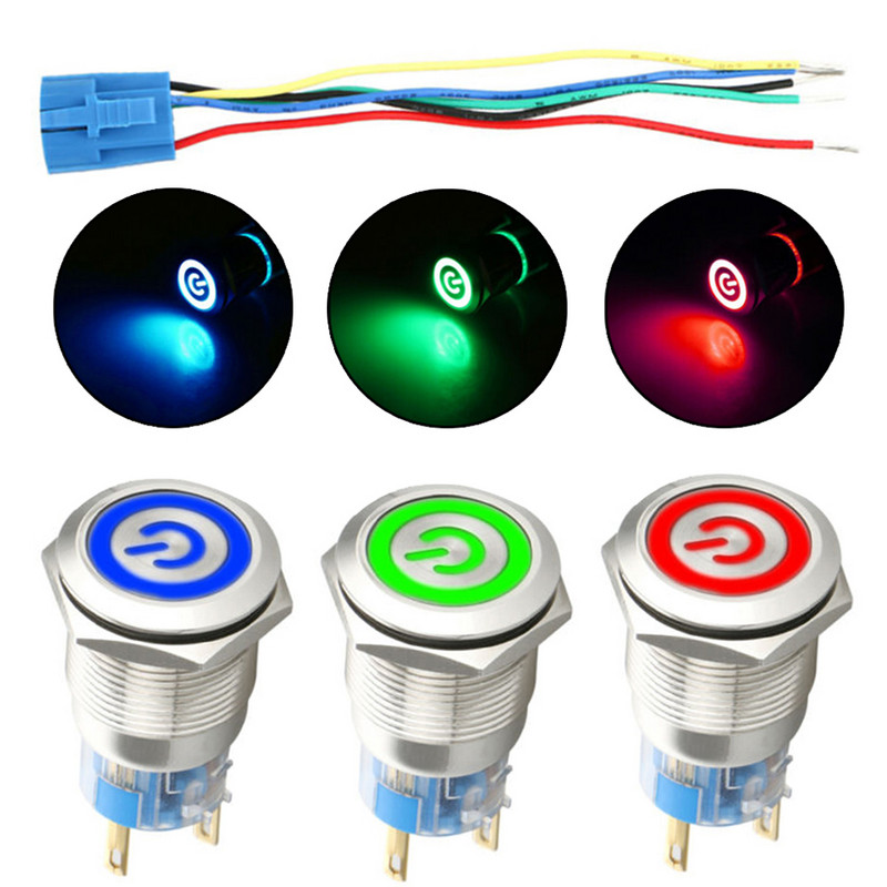 Comutator inteligent 19mm 12V Simbol de alimentare ON-OFF Buton pentru mașină Încuietoare Metal Impermeabil LED Buton de pornire iluminat